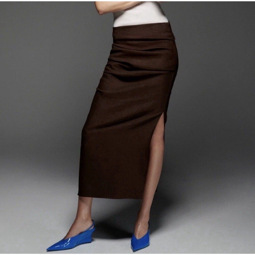 Zara Linen Blend Draped Ruched Midi Skirt Sz M Chocolate Brown